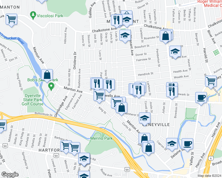 map of restaurants, bars, coffee shops, grocery stores, and more near 18 Lynch Street in Providence