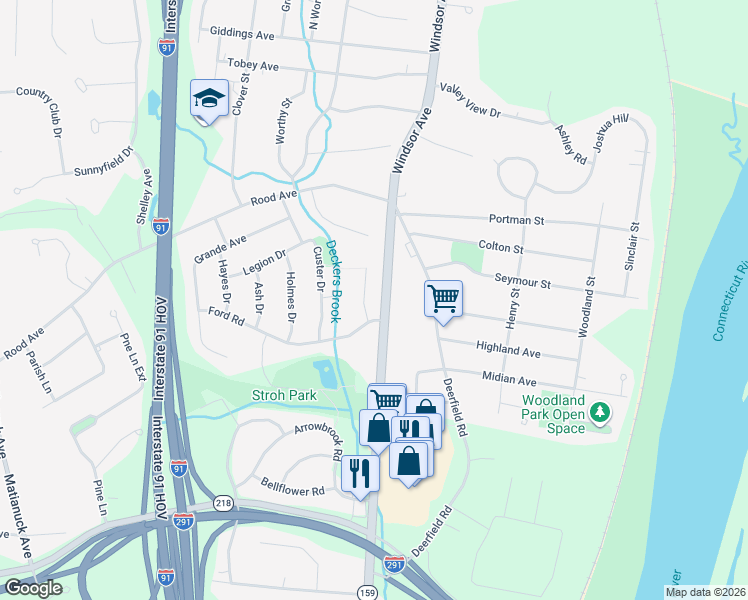 map of restaurants, bars, coffee shops, grocery stores, and more near 22 Philip Henry Circle in Windsor