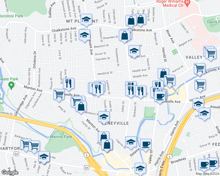 map of restaurants, bars, coffee shops, grocery stores, and more near 212 Carleton Street in Providence