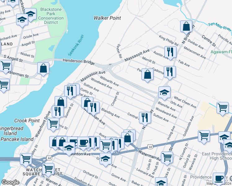 map of restaurants, bars, coffee shops, grocery stores, and more near 95 Woodward Avenue in East Providence