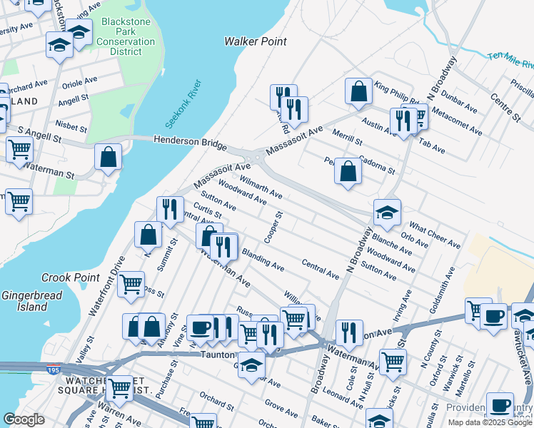 map of restaurants, bars, coffee shops, grocery stores, and more near 95 Woodward Avenue in East Providence