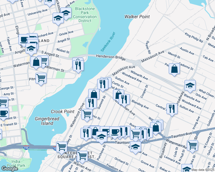 map of restaurants, bars, coffee shops, grocery stores, and more near 32 Central Avenue in East Providence