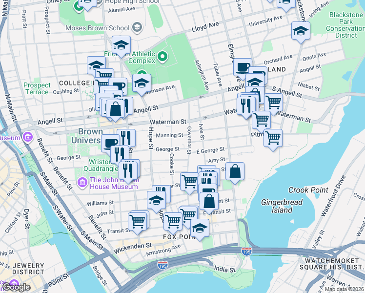 map of restaurants, bars, coffee shops, grocery stores, and more near 158 Governor Street in Providence