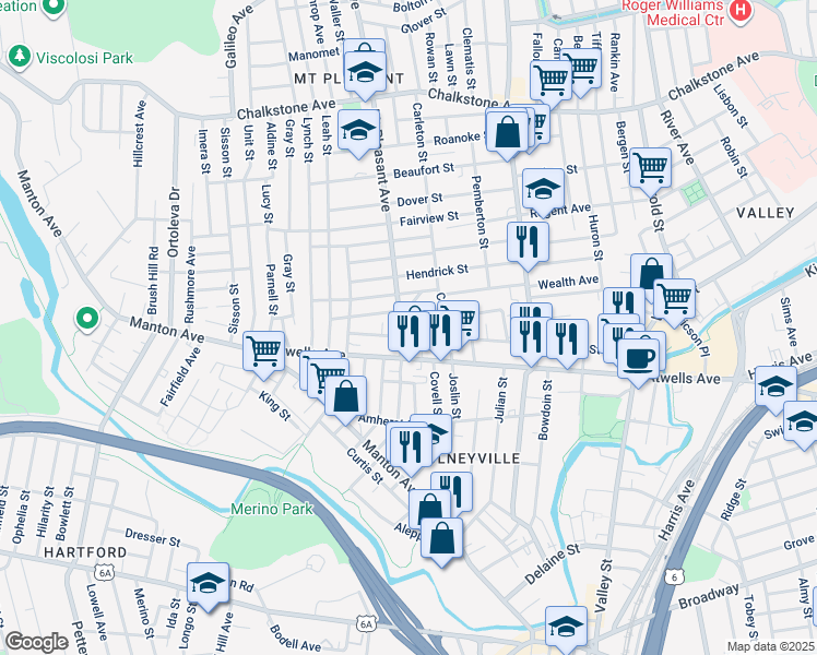 map of restaurants, bars, coffee shops, grocery stores, and more near 30 Mongenais Street in Providence