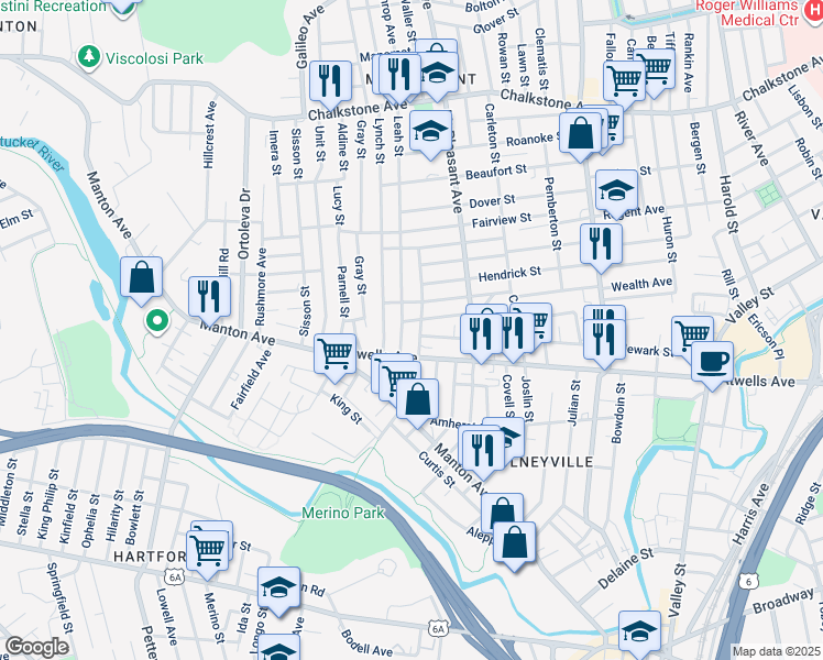 map of restaurants, bars, coffee shops, grocery stores, and more near 88 Erastus Street in Providence