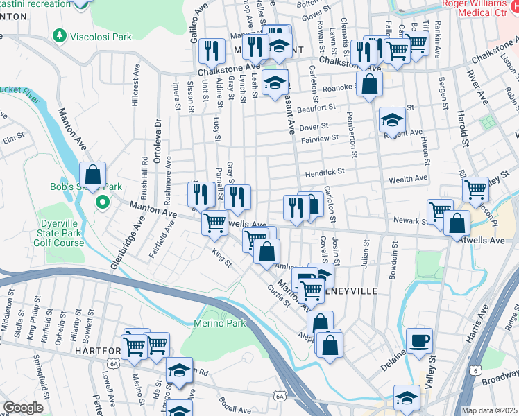 map of restaurants, bars, coffee shops, grocery stores, and more near 88 Erastus Street in Providence