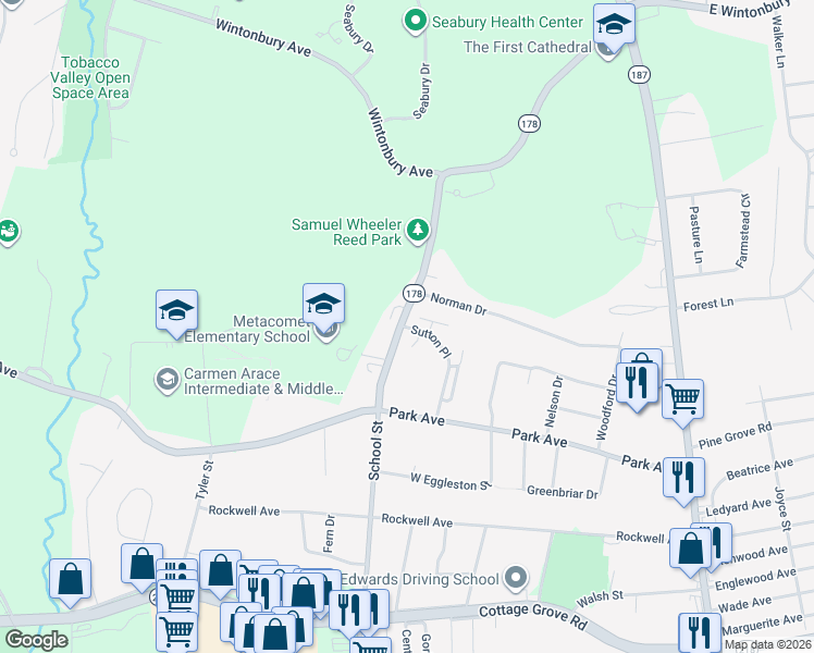 map of restaurants, bars, coffee shops, grocery stores, and more near 143 Beaman Brk in Bloomfield