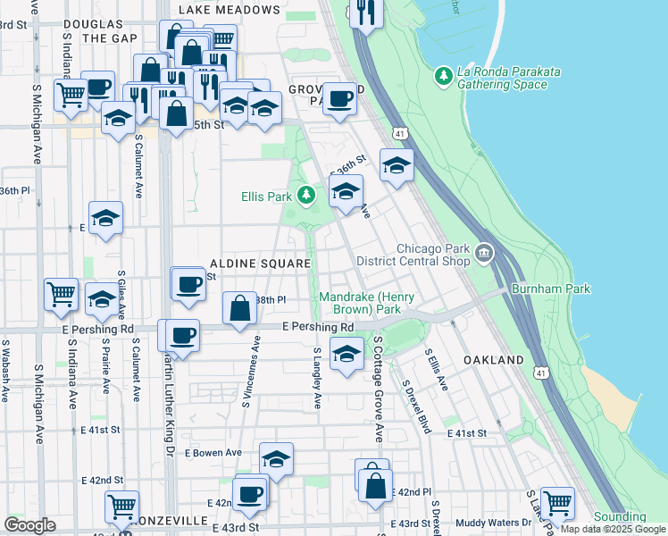 map of restaurants, bars, coffee shops, grocery stores, and more near 720 East 38th Street in Chicago