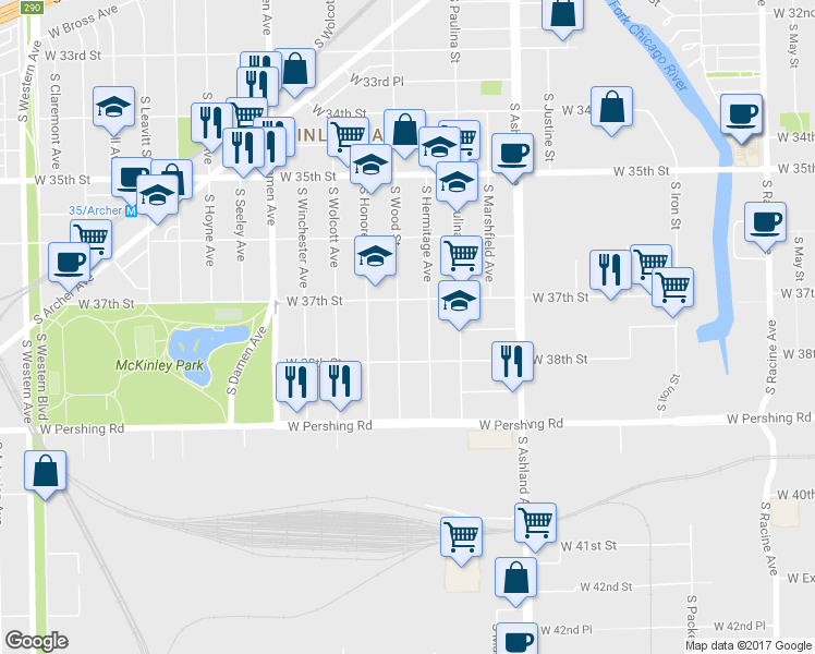 map of restaurants, bars, coffee shops, grocery stores, and more near 3724 South Wood Street in Chicago