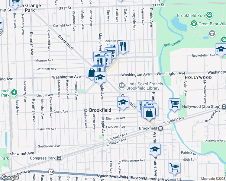 map of restaurants, bars, coffee shops, grocery stores, and more near 9126 Lincoln Avenue in Brookfield