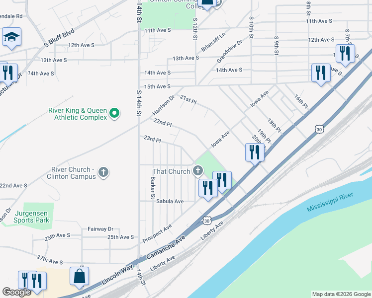 map of restaurants, bars, coffee shops, grocery stores, and more near 300-328 23rd Place in Clinton