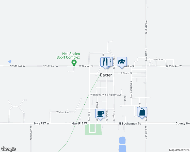 map of restaurants, bars, coffee shops, grocery stores, and more near 200 West State Street in Baxter