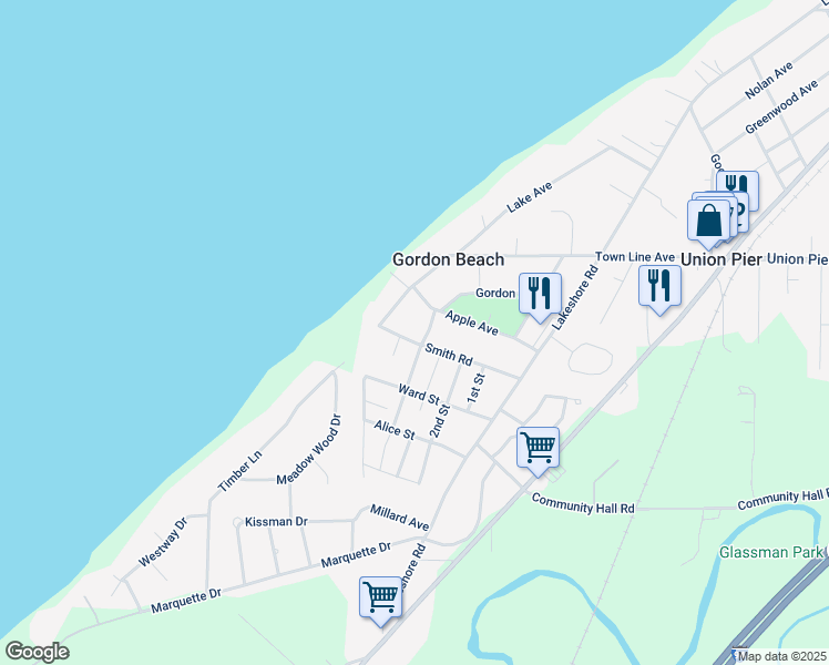 map of restaurants, bars, coffee shops, grocery stores, and more near 10399 Smith Road in Union Pier