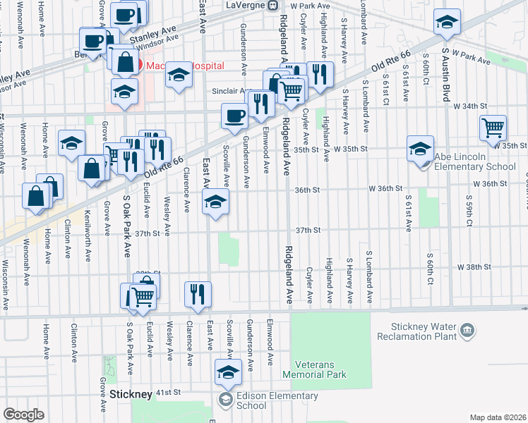 map of restaurants, bars, coffee shops, grocery stores, and more near 3626 Elmwood Avenue in Berwyn