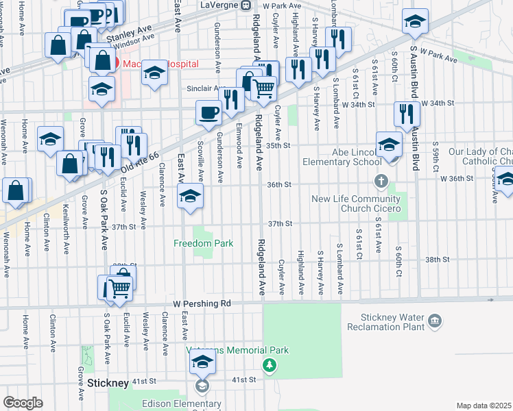 map of restaurants, bars, coffee shops, grocery stores, and more near 3628 Ridgeland Avenue in Berwyn