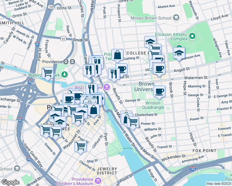 map of restaurants, bars, coffee shops, grocery stores, and more near 241 Benefit Street in Providence