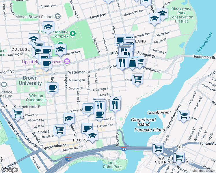 map of restaurants, bars, coffee shops, grocery stores, and more near 74 East George Street in Providence