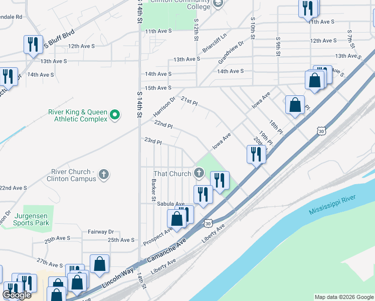 map of restaurants, bars, coffee shops, grocery stores, and more near 300-328 23rd Place in Clinton