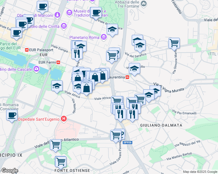map of restaurants, bars, coffee shops, grocery stores, and more near 15 Piazzale Giulio Douhet in Roma