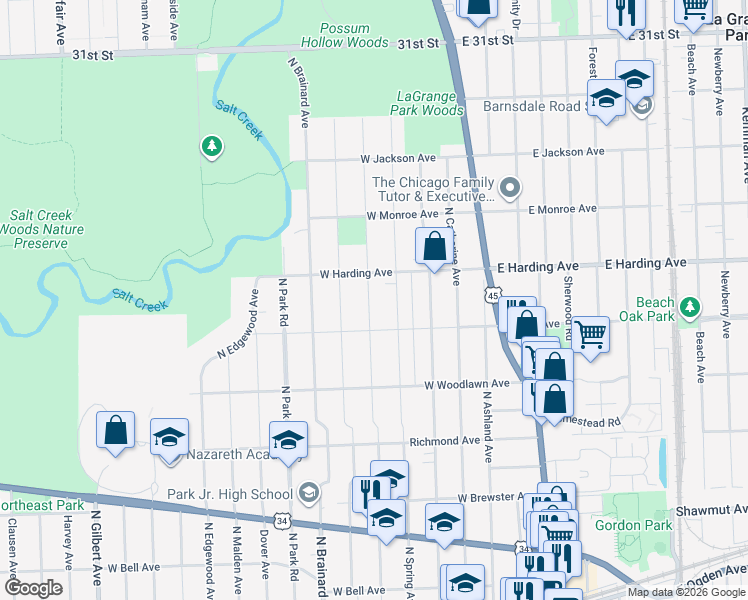 map of restaurants, bars, coffee shops, grocery stores, and more near 625 North Waiola Avenue in La Grange Park