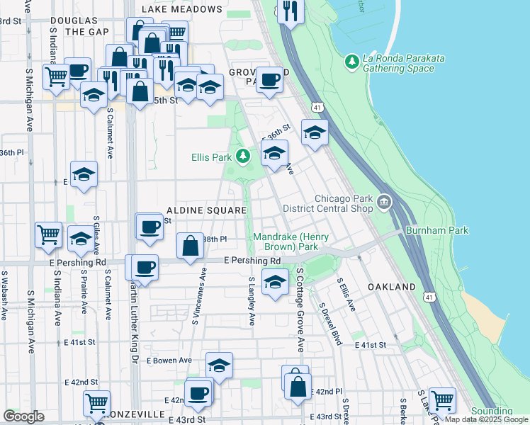 map of restaurants, bars, coffee shops, grocery stores, and more near 720 East 38th Street in Chicago