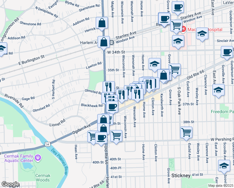 map of restaurants, bars, coffee shops, grocery stores, and more near 3615 Maple Avenue in Berwyn