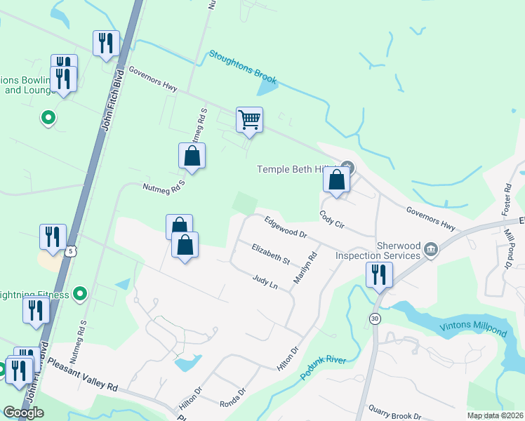 map of restaurants, bars, coffee shops, grocery stores, and more near 116 Edgewood Drive in South Windsor