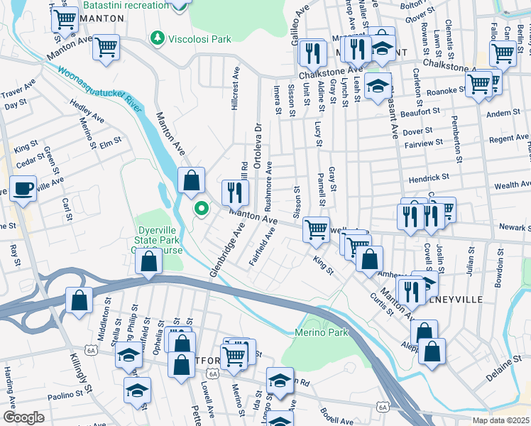 map of restaurants, bars, coffee shops, grocery stores, and more near 10 Rushmore Avenue in Providence