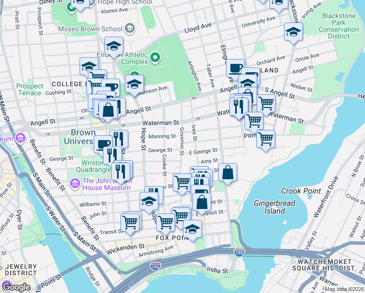 map of restaurants, bars, coffee shops, grocery stores, and more near Governor Street in Providence