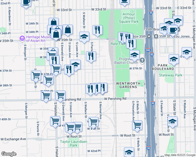 map of restaurants, bars, coffee shops, grocery stores, and more near 3738 South Normal Avenue in Chicago