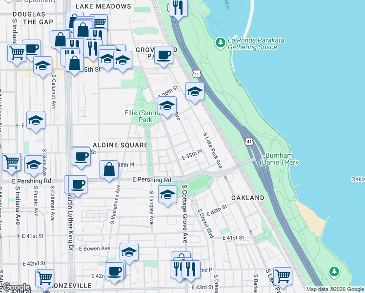 map of restaurants, bars, coffee shops, grocery stores, and more near 819 East 38th Street in Chicago