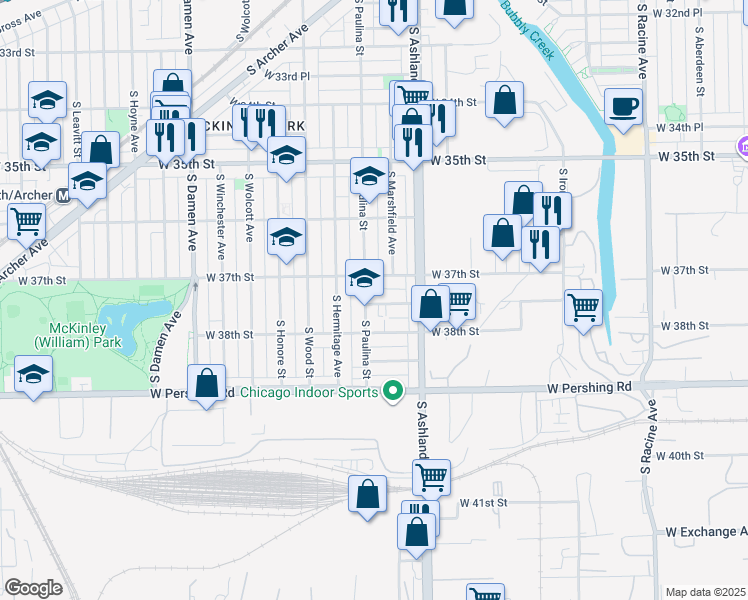 map of restaurants, bars, coffee shops, grocery stores, and more near 3725 S Paulina St in Chicago