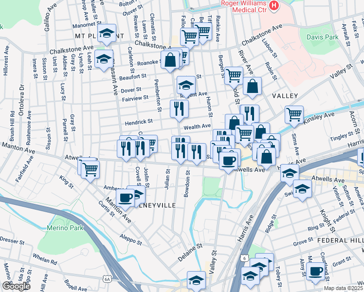 map of restaurants, bars, coffee shops, grocery stores, and more near 47 Academy Avenue in Providence