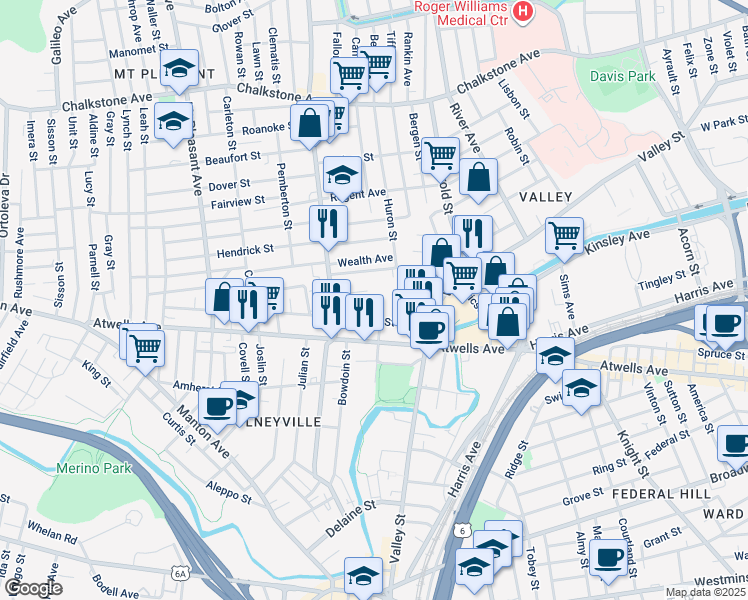map of restaurants, bars, coffee shops, grocery stores, and more near 7 Cutler Street in Providence