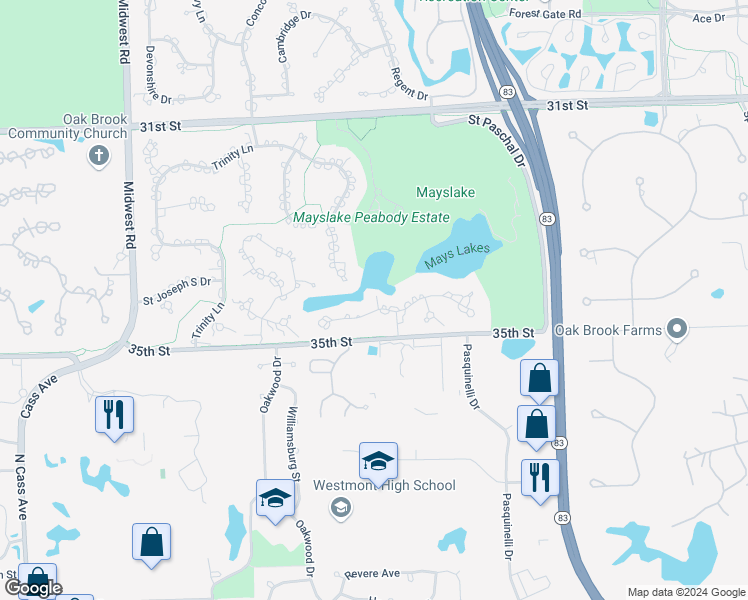 map of restaurants, bars, coffee shops, grocery stores, and more near 908 Saint Stephens Green in Oak Brook