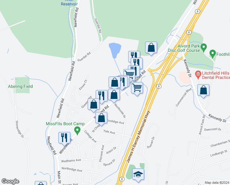 map of restaurants, bars, coffee shops, grocery stores, and more near 427 Winsted Road in Torrington