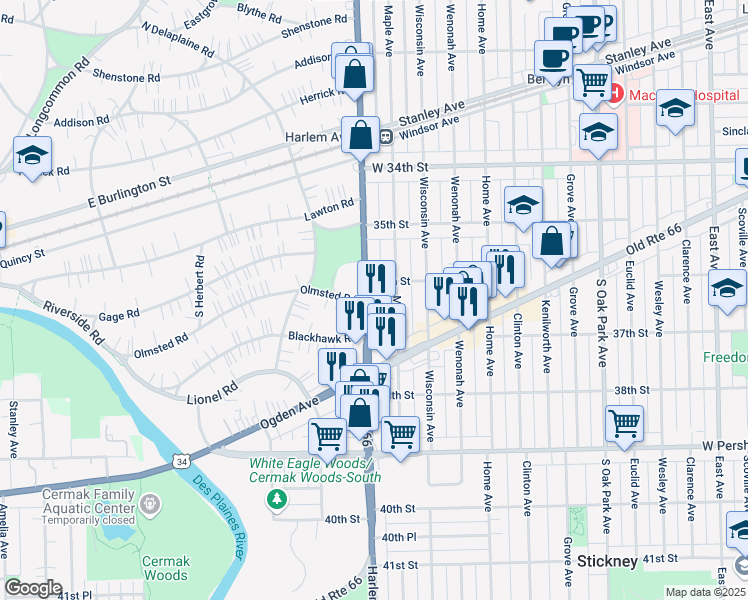 map of restaurants, bars, coffee shops, grocery stores, and more near 3615 South Harlem Avenue in Berwyn