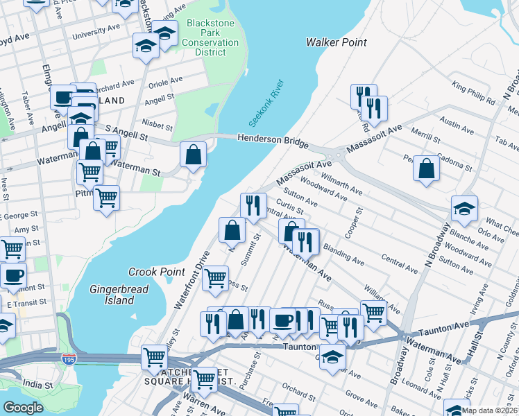 map of restaurants, bars, coffee shops, grocery stores, and more near 10 Birch Street in East Providence