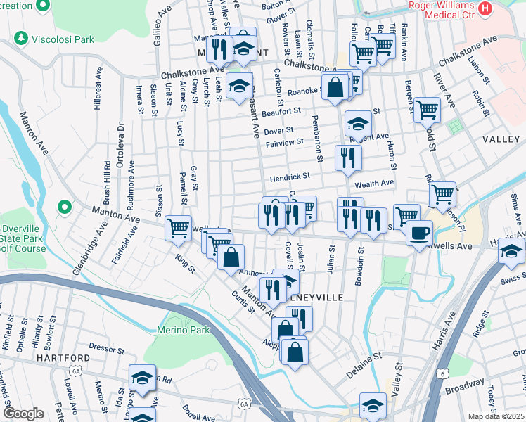 map of restaurants, bars, coffee shops, grocery stores, and more near 21 Montrose Street in Providence