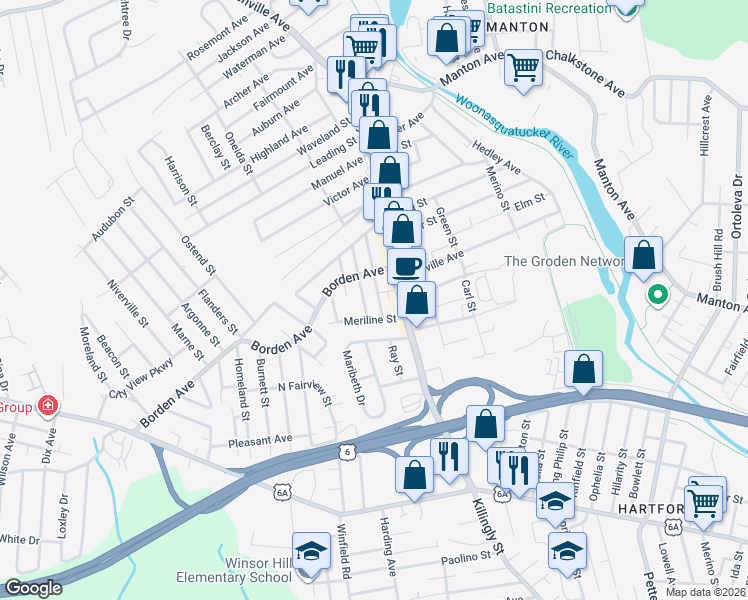 map of restaurants, bars, coffee shops, grocery stores, and more near 16 Albermarle Avenue in Johnston