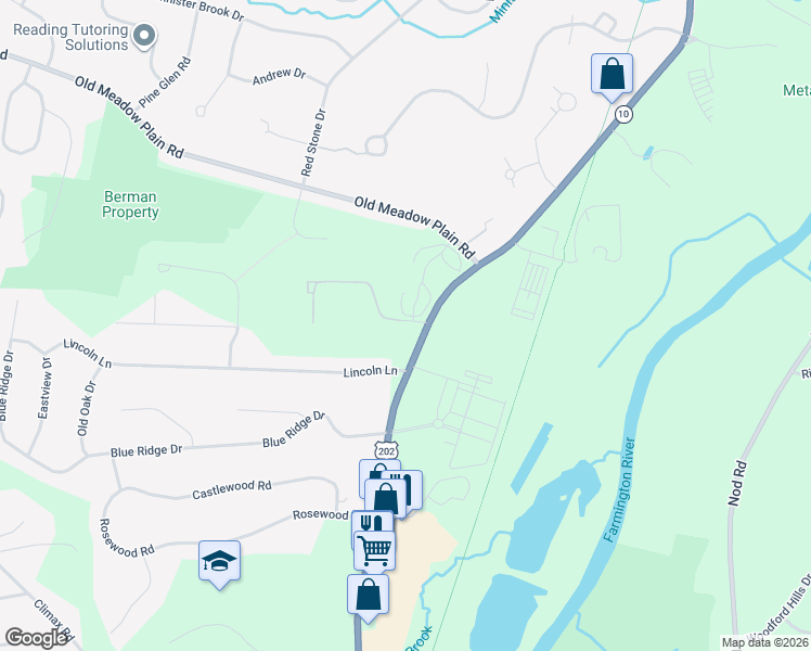 map of restaurants, bars, coffee shops, grocery stores, and more near 16 Hilltop Drive in Simsbury