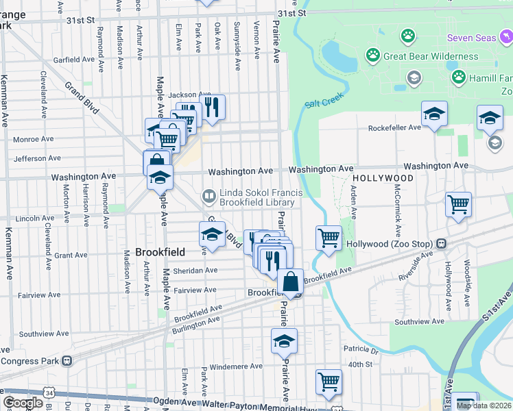map of restaurants, bars, coffee shops, grocery stores, and more near 3543 Sunnyside Avenue in Brookfield