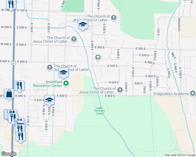 map of restaurants, bars, coffee shops, grocery stores, and more near 496 South 455 East in Smithfield