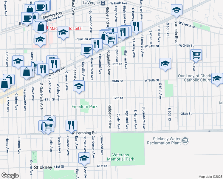 map of restaurants, bars, coffee shops, grocery stores, and more near 3625 Ridgeland Avenue in Berwyn