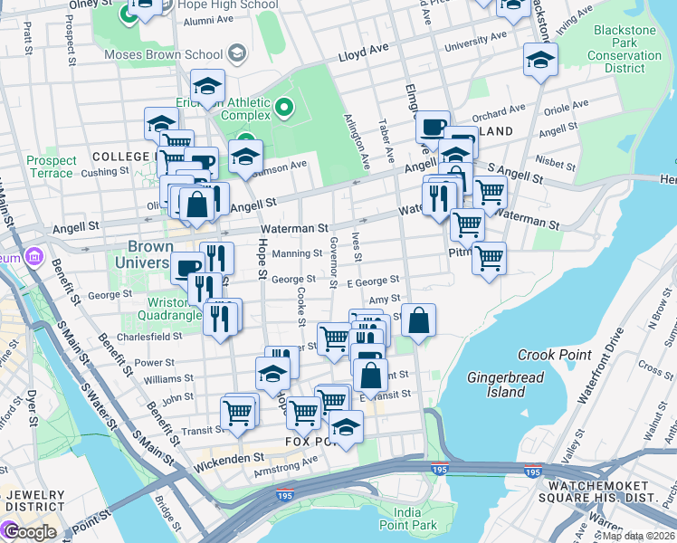 map of restaurants, bars, coffee shops, grocery stores, and more near 157 Governor Street in Providence