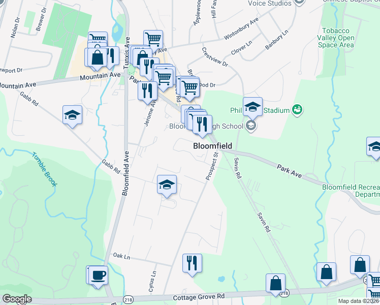 map of restaurants, bars, coffee shops, grocery stores, and more near 36 Scott Drive in Bloomfield