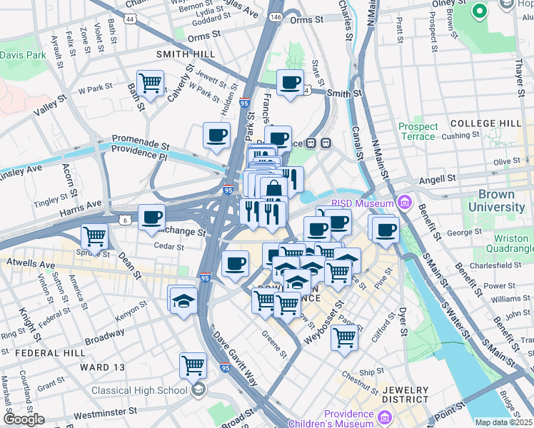 map of restaurants, bars, coffee shops, grocery stores, and more near 30 Providence Place in Providence
