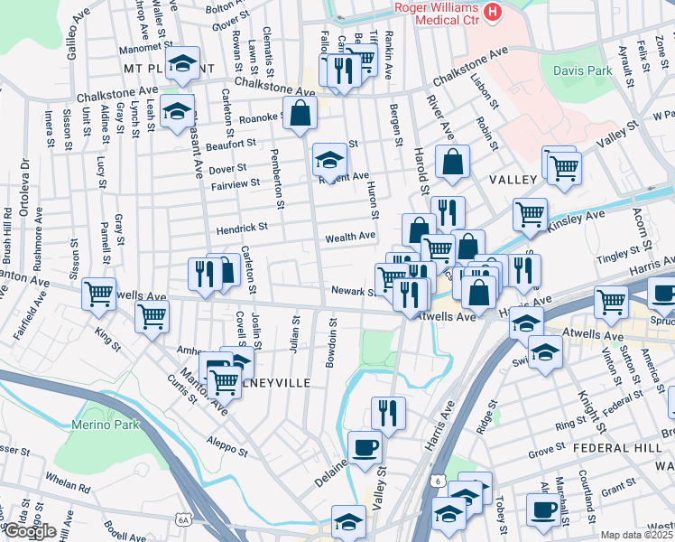 map of restaurants, bars, coffee shops, grocery stores, and more near 7 Cutler Street in Providence