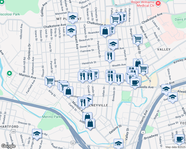 map of restaurants, bars, coffee shops, grocery stores, and more near 214 Carleton Street in Providence