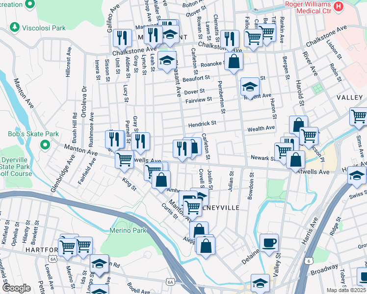 map of restaurants, bars, coffee shops, grocery stores, and more near 21 Montrose Street in Providence